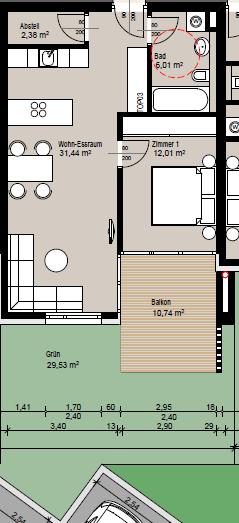 29,53 m² Top 4 Erdgeschoss 2-Zimmer Apartment Wohn-Essraum 31,44 m² Zimmer 12,01 m² Bad