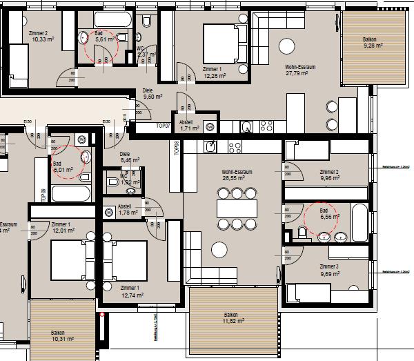 TOP 7 + 8 TOP 7 Südost Top 7 Obergeschoss 3-Zimmer Apartment Wohn-Essraum 27,79 m² Zimmer I 12,28 m² Zimmer II 10,33 m² Diele 9,50 m² Bad 5,61 m² WC 2,37 m² Abstellraum 1,71 m² Netto Wohnfläche 69,59