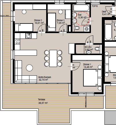 TOP 16 Top 16 Dachgeschoss 4-Zimmer Apartment Wohn-Essraum 32,79 m² Zimmer I 12,46 m² Zimmer II 10,01 m²