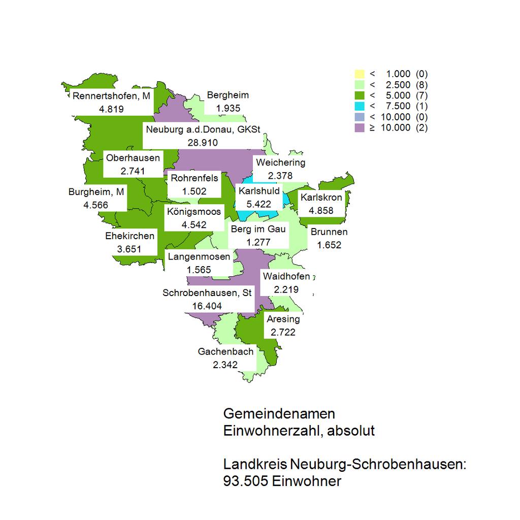 2.2 Bevölkerungsstand und -entwicklung der Gemeinden im Landkreis Neuburg- Schrobenhausen insgesamt Abbildung 1: Bevölkerung in den Gemeinden im Landkreis