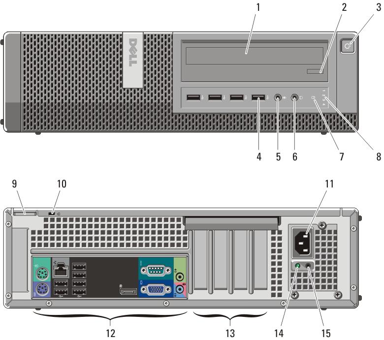 14. Erweiterungskartensteckplätze (4) 16. Halbringförmiger Bügel für ein 15. Sicherheitskabeleinschub Vorhängeschloss Desktop-PC Vorder- und Rückansicht Abbildung 2.