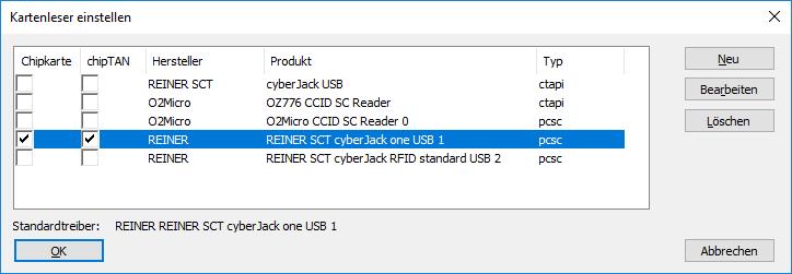 Weitere Verfahren bzw. Wechsel zwischen den TAN-Verfahren 1.4 1.4.2.3 Kartenleser einstellen In dem hier abgebildeten Beispiel handelt es sich um einen REINER SCT cyber jack one USB-Kartenleser.