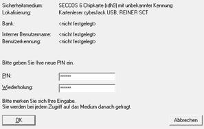 Pin/Passwort verwalten (HBCI) 2.5 Im folgenden Dialog ist nun eine vom Benutzer selbst kreierte numerische Karten- PIN einzugeben, die in Zukunft für den Kartenzugriff Verwendung finden soll.