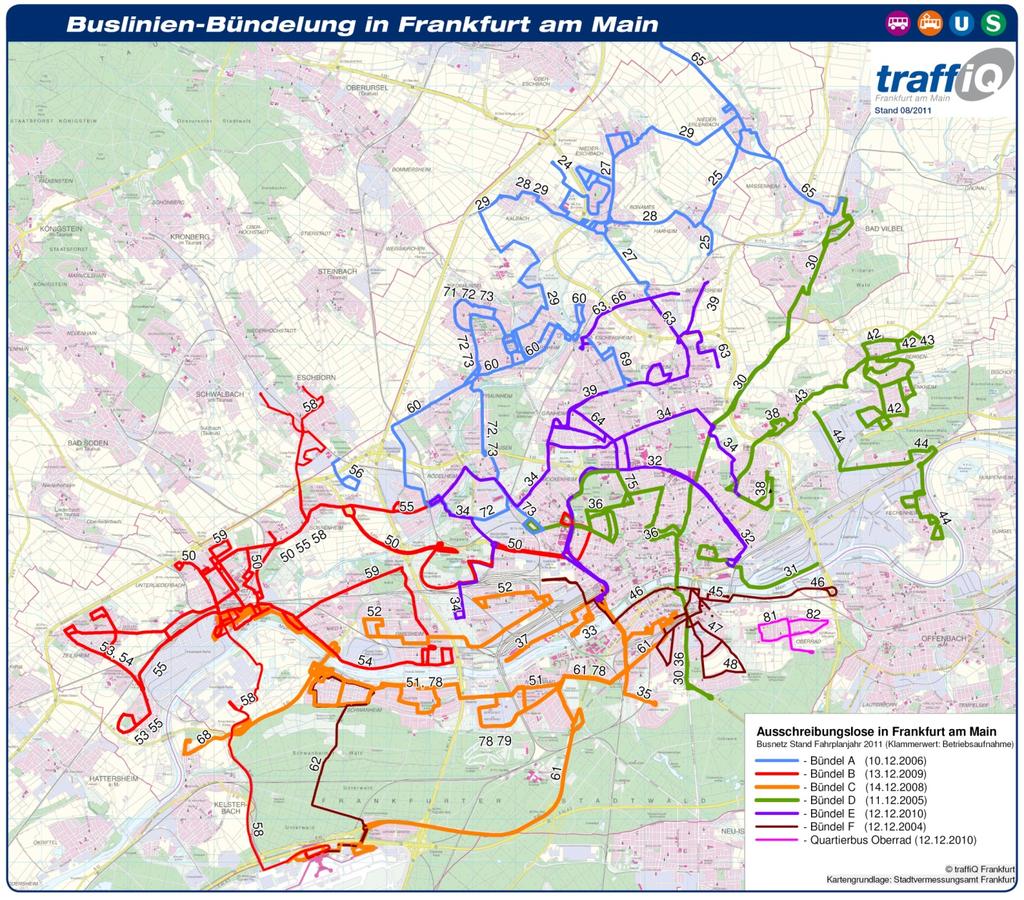 Die folgende Karte zeigt die Verteilung der Linienbündel im Zuständigkeitsgebiet von traffiq: Abbildung 1: Bus-Linienbündel in Frankfurt, Stand Dezember 2011 1.