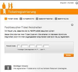 Ticketregistrierung Schritt 1.) Öffnen Sie in Ihrem Browser die Seite http://altenpflege.messe.de/ Klicken Sie auf Ticketregistrierung / Jetzt Ticket freischalten. Schritt 2.