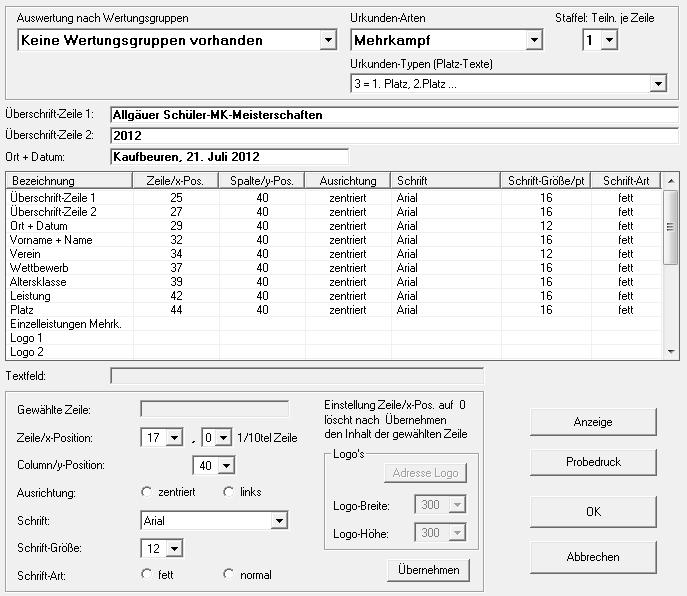 9. Urkunden Für den Mehrkampf sind eigene Urkunden-Parameter anzulegen.