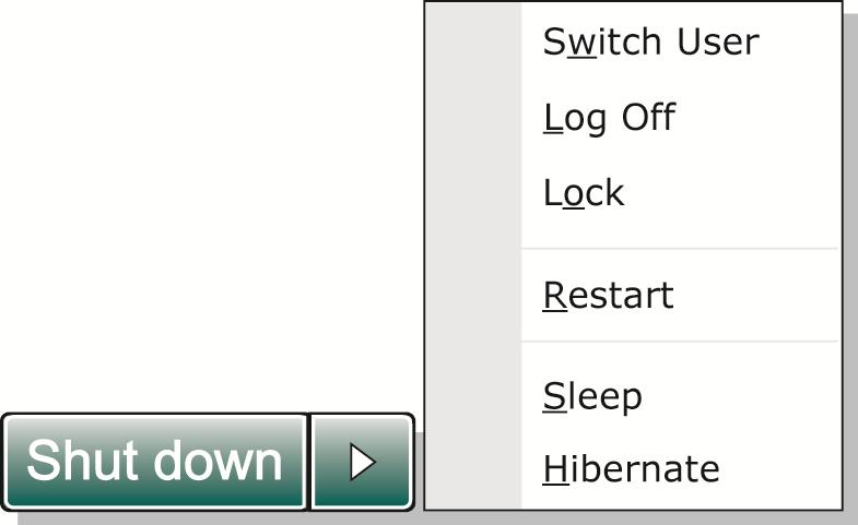 Im Herunterfahren-Menü (Shut Down menu) fi nden Sie verschiedene Optionen (wie Slafmodus (S3/S4), Herunterfahren (S5), oder Neu starten.