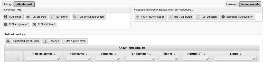 9 5 Datenblätter drucken, filtern und sortieren In den Bereichen TLN auflisten sowie stornierte TLN auflisten lassen sich Datenblätter einzeln auswählen und drucken.