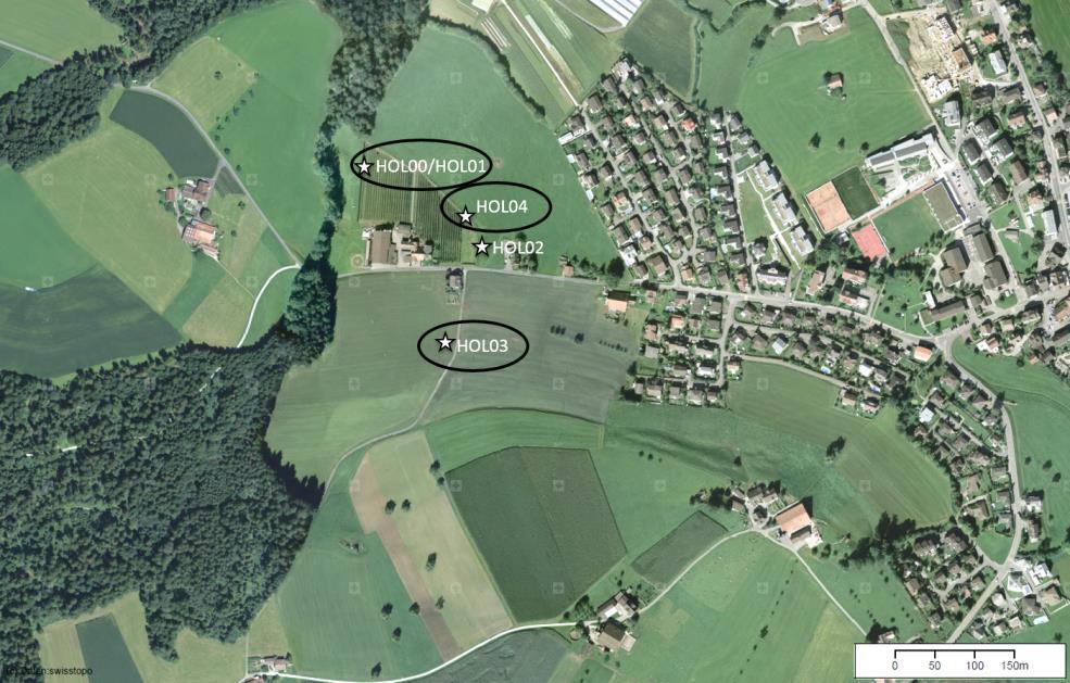 Abbildung 9: Räumliche Übersichtsgrafik des Messgebietes Holderhus. Schwarze Kreise markieren diejenigen Messpunkte, welche im Jahr 20