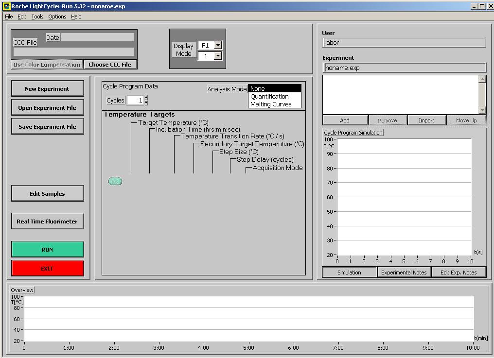 2. Geräteeinstellungen und starten des Experimentes 2.1 LightCycler 1.5 Click the Samples icon on the left-hand side of the window. Then click the Analysis Type menu, and select Color Compensation.