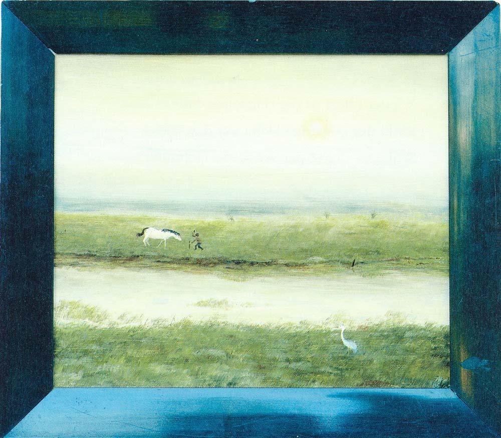 Weißes Pferd am Fluss, 1986, Öl/Hartfaser 36 cm x 42 cm *** Ende der