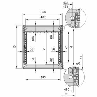 2145 2090 Fußhöhe 8 mm Rahmen-Maße Universal Holm vorne / 19" Holm hinten 07016082 Nivellierfüße, Rollen, Kranöse, Dachbefestigung 19" zu 19"-Ebene (mit 19"-Winkelprofil