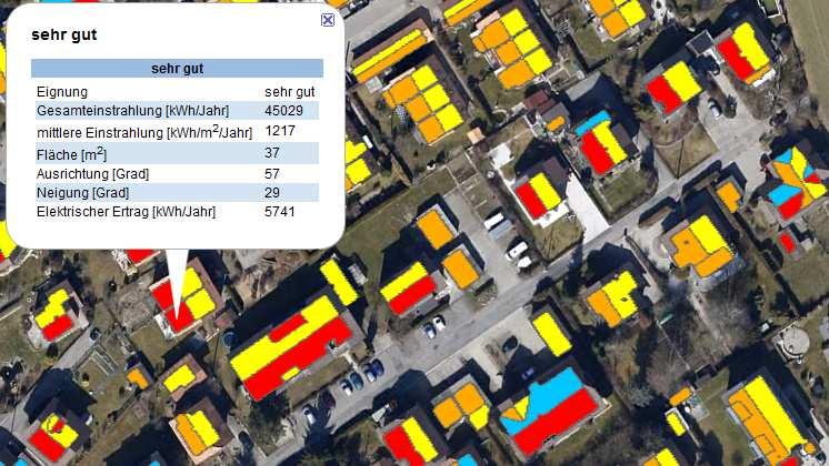 METEOTEST 15 Abbildung 10: Solarkataster Dachflächen für das Beispielgebiet Kirchackerweg mit den Eignungsklassen: Sehr gut, gut, mässig und schlecht. Screenshot aus Google Earth ( Google).