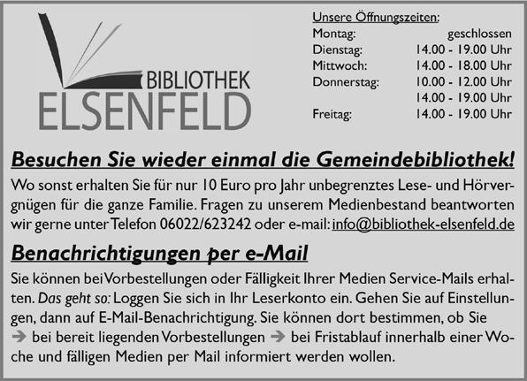 Impressum: Herausgeber u. Vertrieb: Markt Elsenfeld V.i.S.d.P. Tel.: 06022/5007-0 Anzeigengestaltung, Satz und Layout: Hansen Werbung GmbH & Co. KG, Hauptstr. 8, 63924 Kleinheubach Tel.