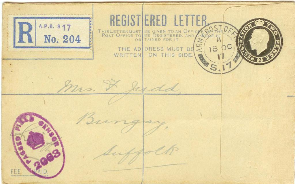 C. 16 MY 1916 Abb. 4: Registered Letter Type I a, einschreibezettel A.P.O. S 17 No. 204.
