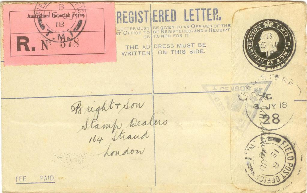 -Ganzsachen-Einschreibeumschläge Abb. 9: Registered Letter Type I a, ein besonders interessanter Brief. einschreibezettel einer australischen Einheit in Europa: Australian Imperial Force R. No. 378.