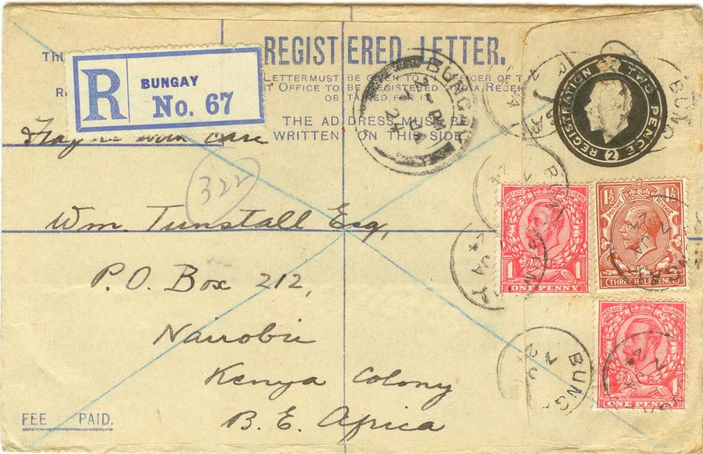 Abb. 10: Registered Letter Type I a. Dieser Brief wurde erst nach dem Ende des 1. Weltkrieges verwendet. Der Absender hatte keine Gebührenfreiheit und musste die Briefgebühr bezahlen.
