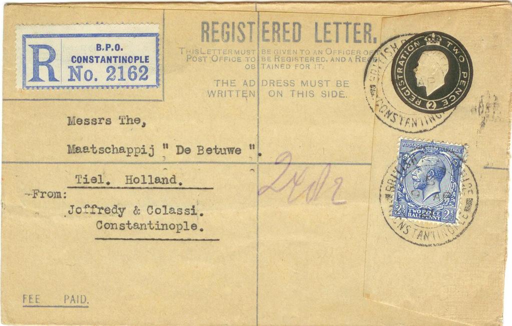 Anscheinend hat die Nationalbank der Türkei für die Britische Army diesen Brief beim Brit. Post Office Constantinople eingeliefert. Eingangsstempel: NEW YORK N.Y. REG.DIV. 26 7 1920. Abb.