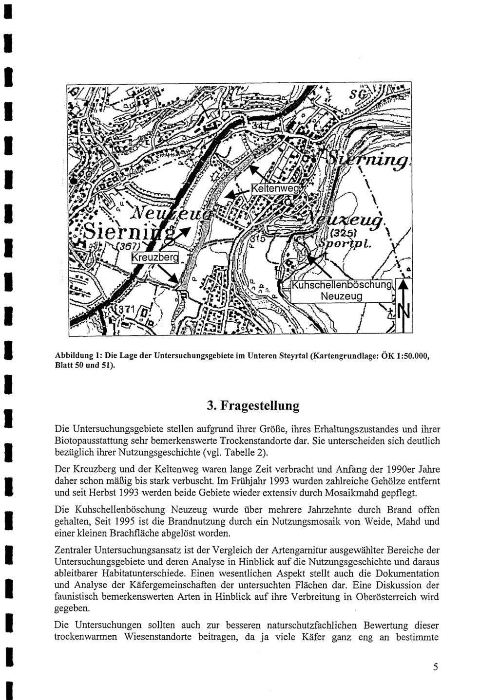 Abbildung 1: Die Lage der Untersuchungsgebiete im Unteren Steyrtal (Kartengrundlage: OK 1:50.000, Blatt 50 und 51). 3.