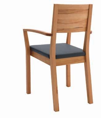Zeitlos schöner, äußerst bequemer Massivholz- Armlehnstuhl mit gepolstertem Sitz, wahlweise in Leder, Kunstleder oder Stoff.