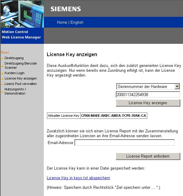 Generieren des Lizenzschlüssels Web License Manager - License Key Anzeige Der Lizenzschlüssel kann direkt von der angezeigten Seite kopiert oder mit License Key in keys.