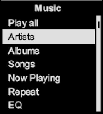 Menü Musik (Music) Schalten Sie den Sport MP3 Player ein. Das Musikmenü erscheint. Drücken Sie kurz die Taste PLAY/PAUSE II [8].