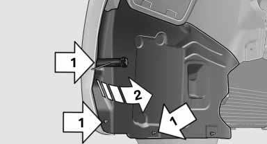 Radkastenverkleidung vorsichtig anheben, Pfeil 2. 2. Stecker von der Lampe abziehen, Pfeil 1. Lampe drehen, Pfeil 2. Linke Fahrzeugseite: Im Uhrzeigersinn drehen.