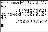 Binomialverteilung Binomialkoeffizienten berechnen, z. B. ( 5 2 ) Fakultäten berechnen, z. B. 7! Wahrscheinlichkeiten bei einer binomialverteilten Zufallsvariablen berechnen: z. B. n = 30, p = 0,2 P (X = 6) (bimompdf) P (X ª 4) (binomcdf) P (X º 10) ( = 1 P (X ª 9) ) Binomialverteilung mit Graph und Wertetabelle veranschaulichen, z.