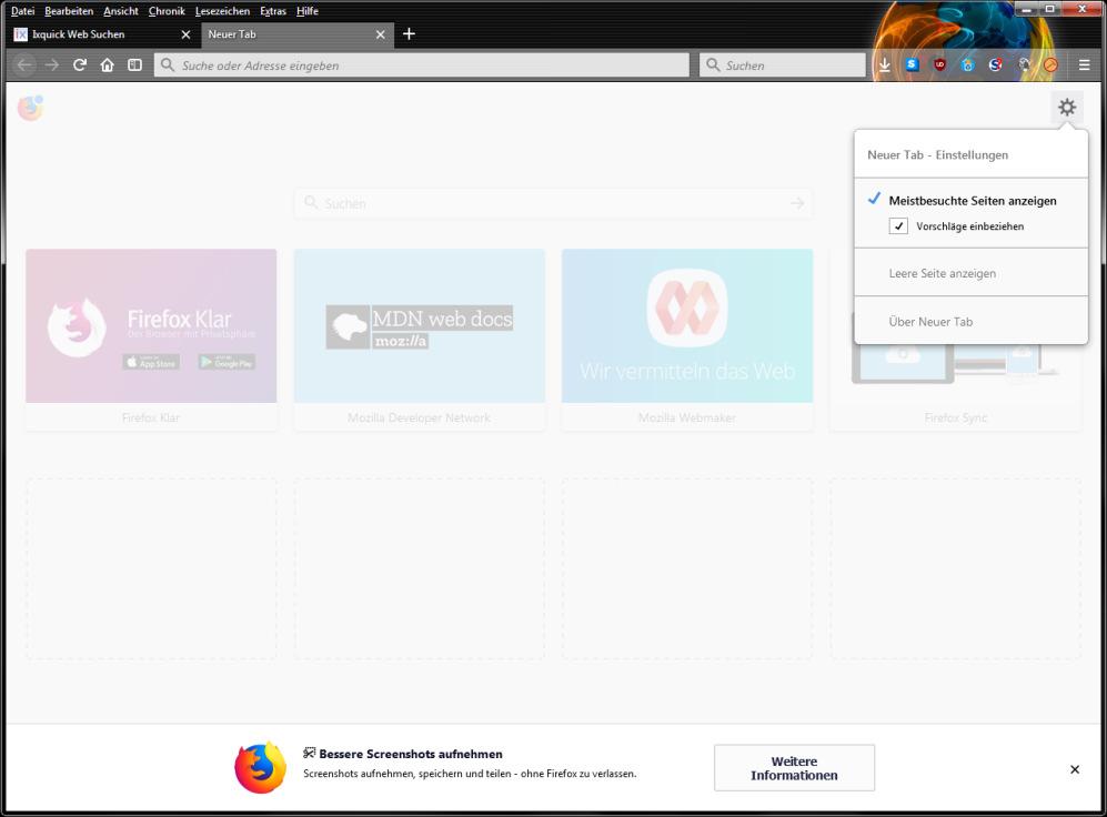 Die NewTab Page bereinigen Mit Firefox 57.0 hat Mozilla den activity-stream standardmäßig aktiviert und auf der neuen NewTab Page integriert.