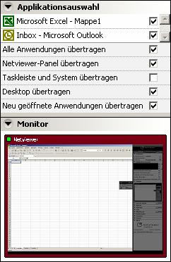 Benutzerhandbuch Netviewer one2one Applikationsauswahl und Monitor Die hier ausgewählten Applikationen sind für alle Sitzungsteilnehmer sichtbar.