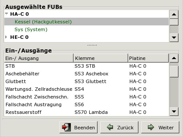 In der Übersicht den jeweilen FUB auswählen, Beispiel: FUB Kessel Ein Bildschirm mit den Optionen wird geöffnet.