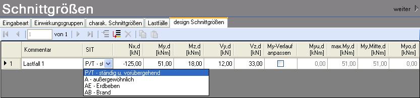 Design Schnittgrößen Wenn Sie charakteristische Schnittgrößen eingegeben haben, dann wird diese Tabelle automatisch ausgefüllt und ist unveränderlich.