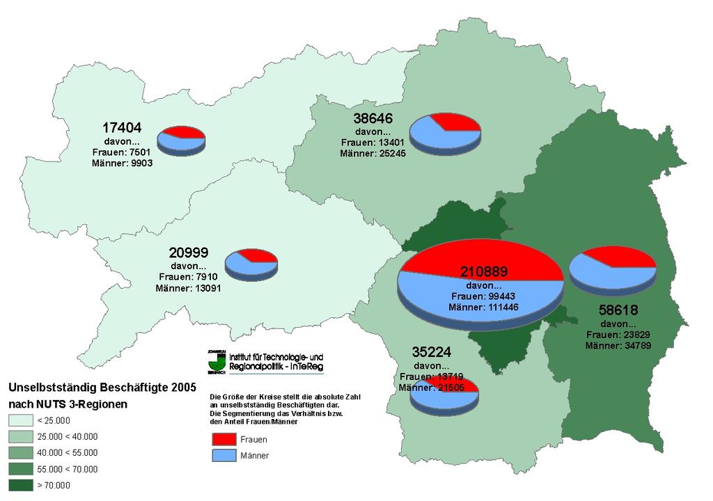 Abbildung 10: Beschäftigung in den NUTS 3 Regionen in der Steiermark 2005 Quelle: WIBIS Steiermark, HVSV, InTeReg Berechnung u.