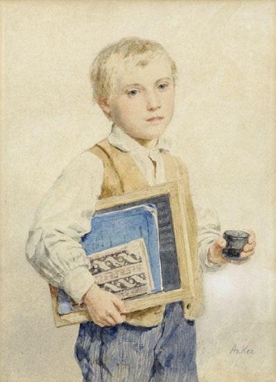 Schweizer Kunst 3027 3027 ALBERT ANKER (1831 Ins 1910) Knabe mit Schreibtafel und Wasserglas. Aquarell auf Papier.
