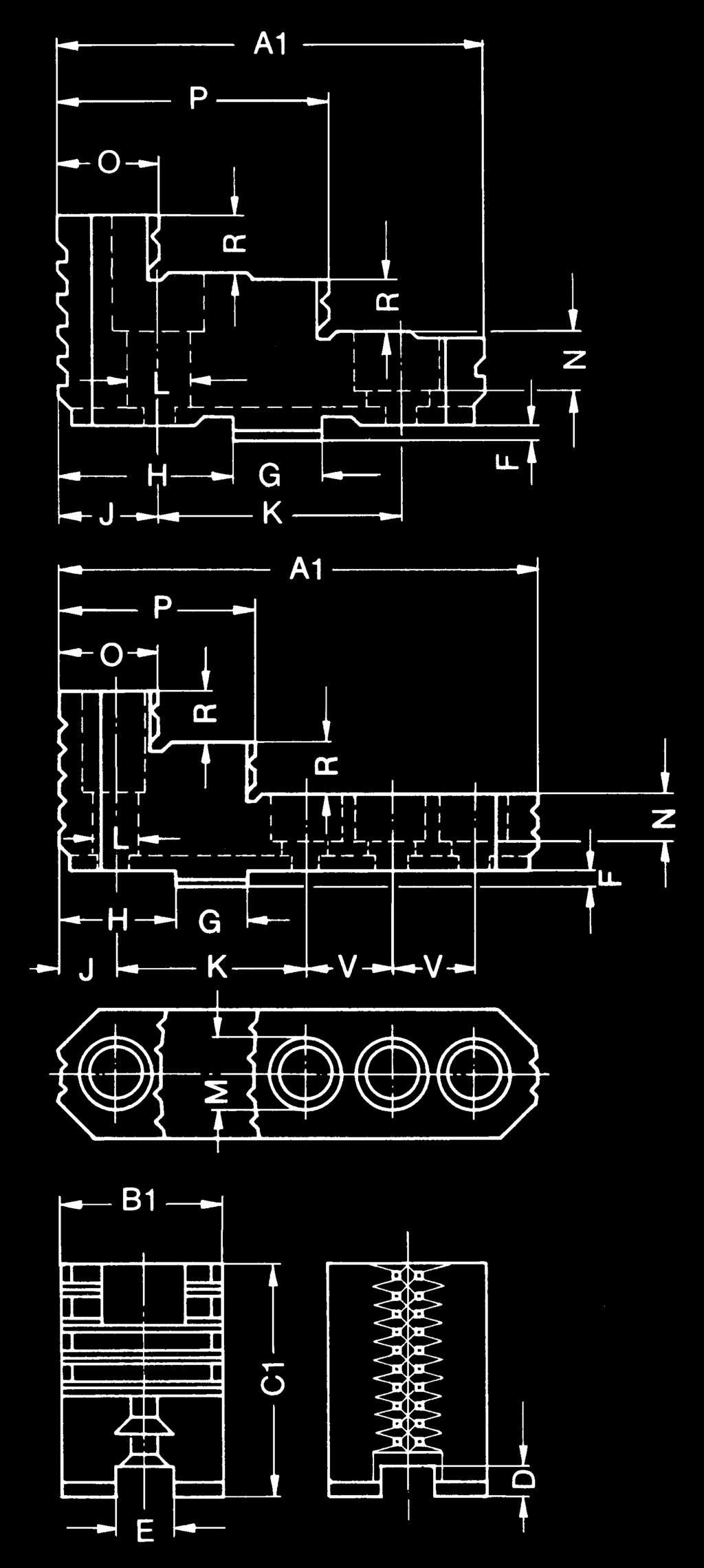 Technische Daten - Drehfutter mit Spiralring Backenmaße ZS-ZSU, ZG-ZGU, ZGF, ZG Hi-Tru Umkehr-Aufsatzbacke UB Futter-Größe 100 110 125 140 160 200 230 250 270 315 350 400 500 630 700 800 1000 1250