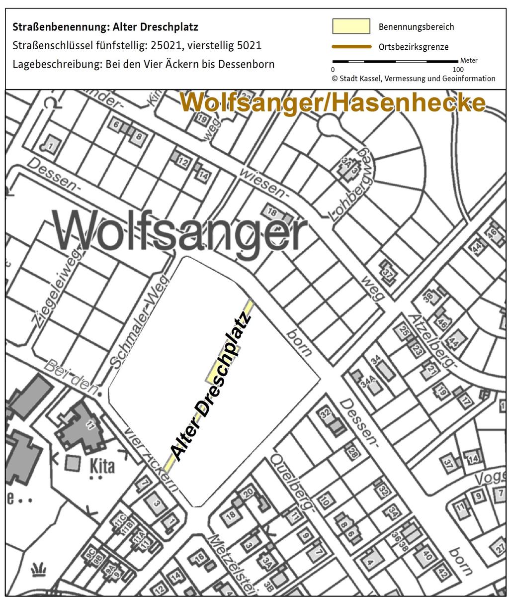 Straßenbenennungen in der Stadt Kassel Der Ortsbeirat Wolfsanger/Hasenhecke hat in seiner Sitzung vom 7. Dezember 2017 die Straßenbenennung Alter Dreschplatz beschlossen.