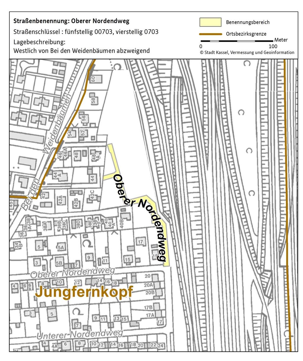 Straßenbenennungen in der Stadt Kassel Der Ortsbeirat Jungfernkopf hat in seiner Sitzung vom 9. November 2017 die Verlängerung der Straßenbenennung Oberer Nordendweg beschlossen.