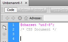 UTF-8 Ein CSS-Datei beginnt immer mit der Definition des vorliegenden Zeichensatzes. Dieser legt fest, welche Schriftzeichen erlaubt sind und wie diese ausgeschrieben werden.