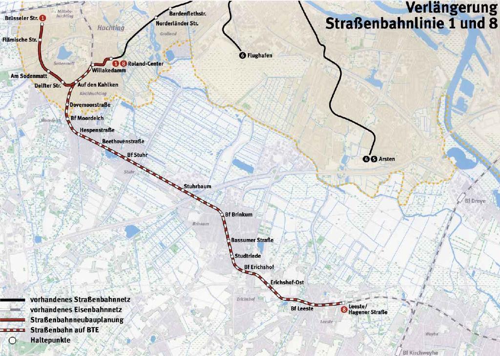 Verlängerung der Straßenbahnlinie 8 nach Stuhr und Weyhe: Grenzenlos gute Verbindungen* BTE-Trasse Die Fakten: Einwohner im Einzugsbereich: etwa 21.