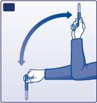 Rollen Sie den Fertigpen 10-mal zwischen Ihren Handflächen dabei ist es wichtig, dass der Fertigpen horizontal (waagerecht) gehalten wird.
