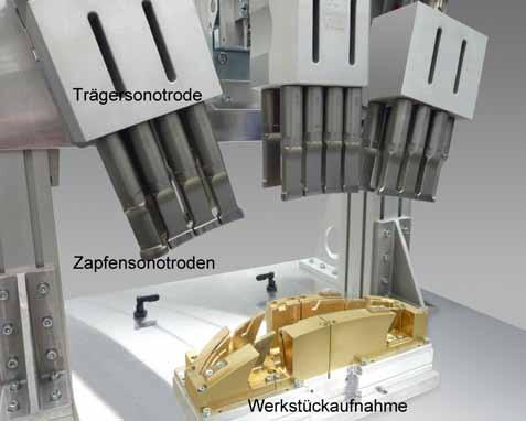 Das Ultraschall-Schweißwerkzeug wird mittels unterschiedlich hoher Zapfen der Bauform angepasst.