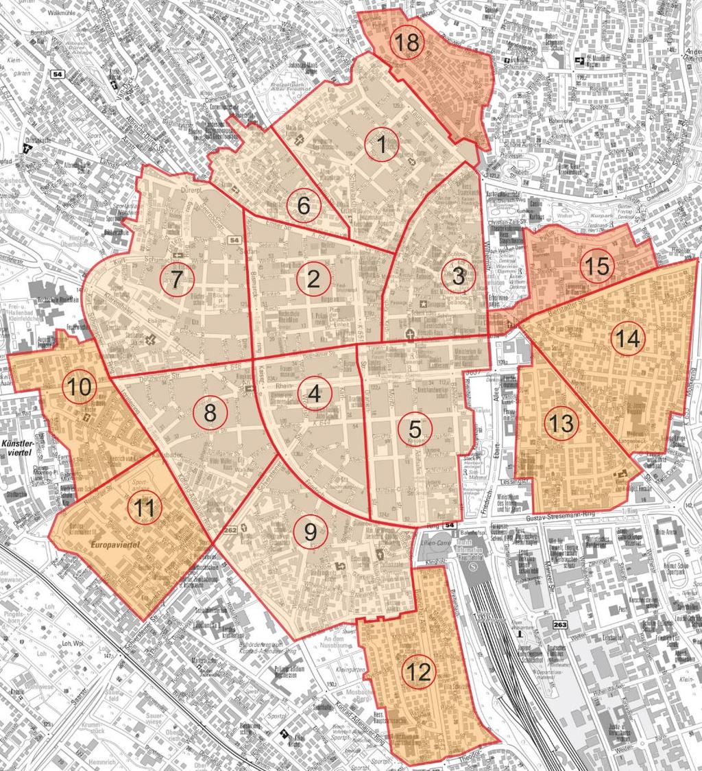 VE Wiesbaden 2030 Abbildung 2-47: Bewohnerparkzonen (ab 2003: Nr. 1-9, ab 2006: Nr.10-14, geplant: Nr. 15 und 18) Das Bewohnerparken gilt von Montag bis Freitag, jeweils 9 bis 20 Uhr.