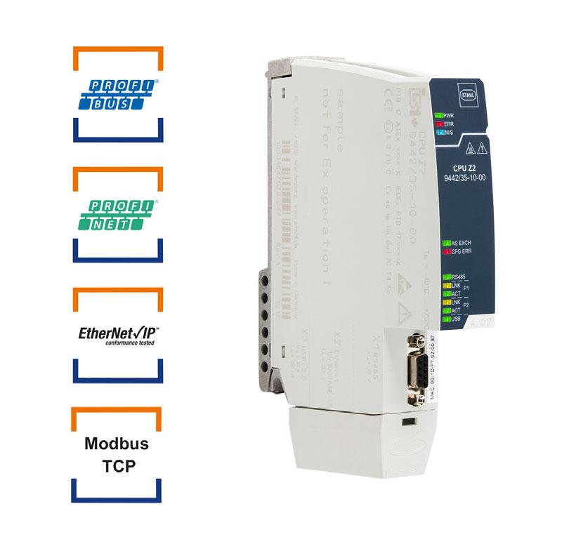 > Unterstützung von PROFIBUS DP, PROFINET, Modbus TCP und Ethernet/IP; inkl. HART-Übertragung > Schnittstellen RS-485 (max. 12 Mbit/s) und Ethernet (max.