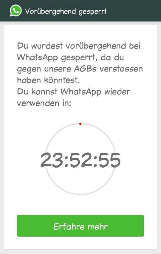 WhatsApp-Sperren was steckt dahinter? Seit Jänner 2015 erhalten viele Nutzer/innen eine Nachricht, dass ihr WhatsApp-Konto gesperrt wurde, da sie gegen die AGBs verstoßen haben könnten.