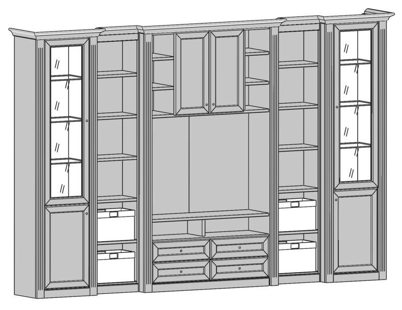 glaskantenbeleuchtung, Flechtkörbe oder Spiegelrückwände gerechnet. PH 619 Regalkorpus 12R 2 x 1240 TV-Korpus 12R 1 x 1229 Holztür 4R li u. re 2 x F042 Klarglastür li. u. re.. 2 x N082 Holztürenpaar 1 x F045 Spots für Vitrinen.