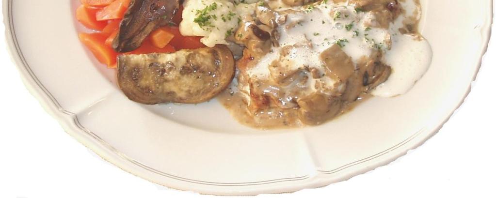champignons, nouilles et légumes / Veal steak with mushroom-creamsauce,