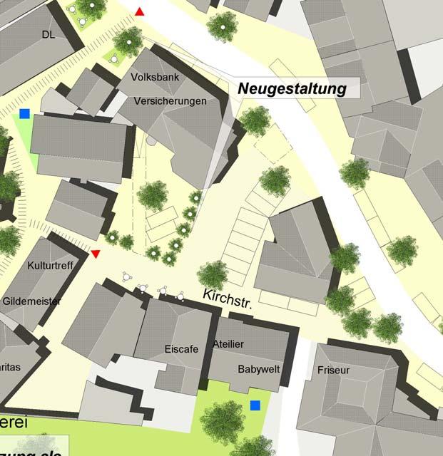 3. Kirchstraße Der (öffentliche) Raum im Bereich Kirchstraße bietet trotz Verkehrsberuhigung kaum Aufenthaltsqualitäten Schaffung eines kleinen,