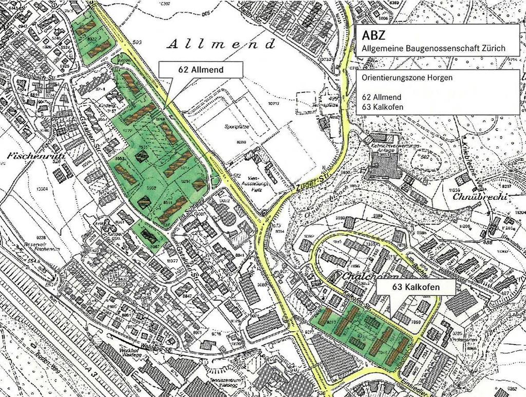 - 4-1.2 ABZ-Siedlungen in Horgen Die ABZ-Siedlungen Allmend und Kalkofen sind zwei von zehn untersuchten Siedlungen. Sie liegen im oberen Ortsteil von Horgen, nahe der Autobahnauffahrt.