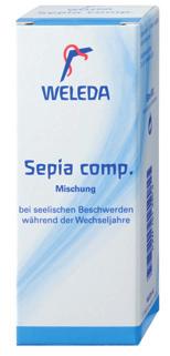 Medikation Sepia comp. Mischung 50 ml, PZN 161 445 4 Zusammensetzung: 10 g (= 10,2 ml) enthalten: Conchae Dil. D8 (D8 mit Ethanol 15 Gew.-%) 3,34 g / Ignatia Dil. D5 (D3 mit Ethanol 43 Gew.