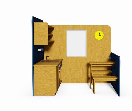 Wände, Kasten, Regal und Sitzbank sind aus Birken-Sperrholz gefertigt und mit speichelechten Lacken